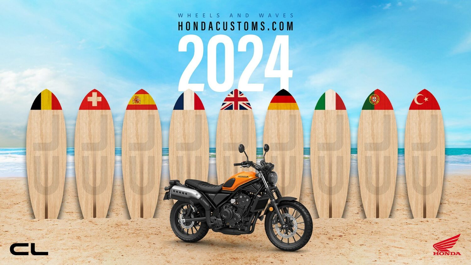 Honda investit le festival Wheels and Waves 2024 et le site hondacustoms.com avec 16 préparations sur base de CL500 et des essais routiers