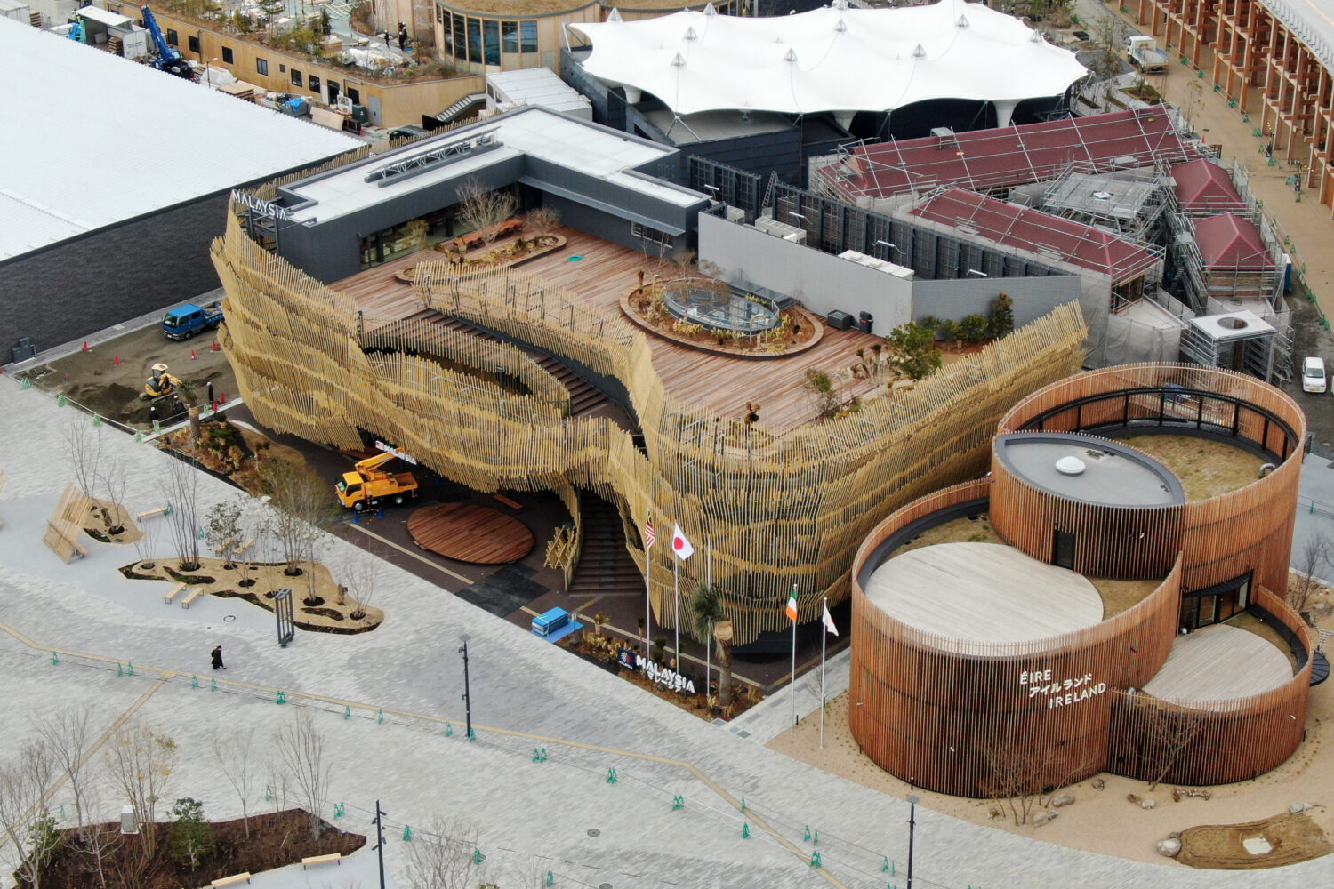 The Malaysia Pavilion center and the Ireland Pavilion to the right being prepared to be exhibited at Expo 2025 March 6 2025 in Konohana Osaka City Photographed using a drone.