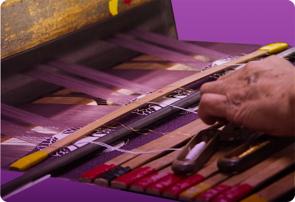 Production of yusoku textiles at Fukuoka Kigyo Co., Ltd., a manufacturer of the traditional  craft Nishijin-ori.